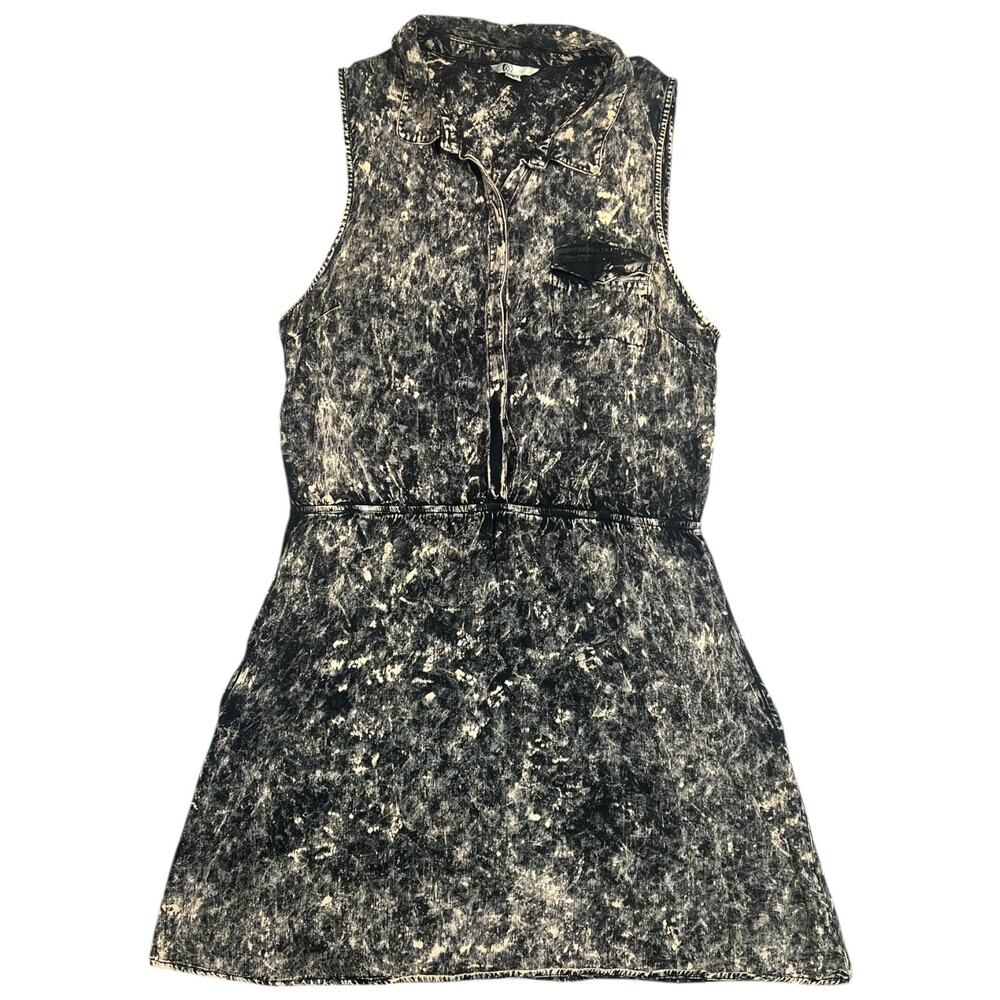Volcom Black Acid Wash Dress Sleeveless Collared Pocket Elastic Waist - M